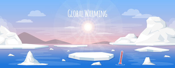 Global warming concept, long-term increase in average temperature of Earths climate system. Melting of Antarctic ice, glaciers, air pollution. Saving planet Earth and environmental care illustration