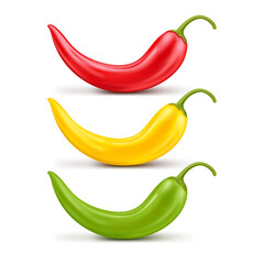 A set of three hot chili peppers, different colors, red, yellow and green. Elements for design. Vector realistic icons.