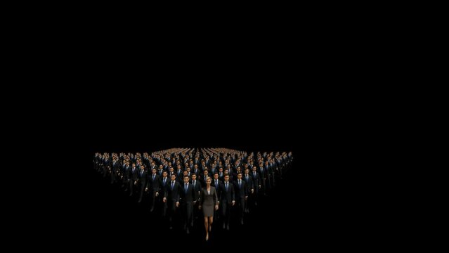 Businessmen with a businesswoman in front forming arrow shape pointing right, 4K, against black