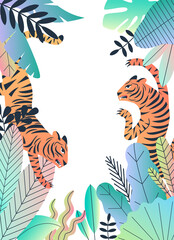 Trendy vector illustration. Tiger in the tropical jungle.