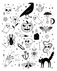 Vector halloween icons. Hand drawn, doodle, cartoon magician set. Witchcraft symbols