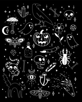 Vector halloween icons. Hand drawn, doodle, cartoon magician set. Witchcraft symbols