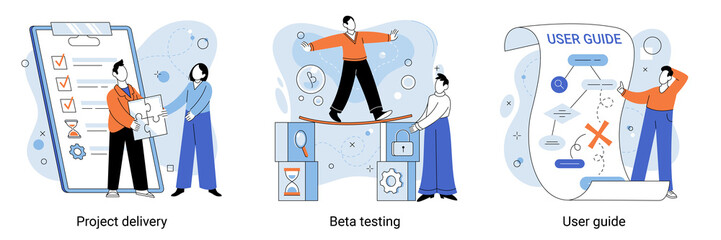 Customer experience, project delivery, beta testing, user guide. Software development, new product launch, technical helpdesk abstract metaphor. Customized software plan for users vector metaphor