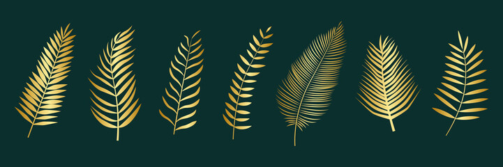 Set golden leaves or plant leaf on nature green background. vector tropical leaves