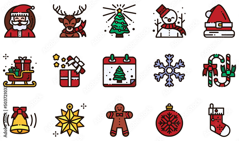 Canvas Prints Set of Vector Icons Related to Christmas. Contains such Icons as Santa Claus, Reindeer, Snowman, Santa Hat, Sledge, Snowflake and more.