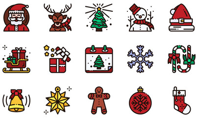 Fototapeta na wymiar Set of Vector Icons Related to Christmas. Contains such Icons as Santa Claus, Reindeer, Snowman, Santa Hat, Sledge, Snowflake and more.