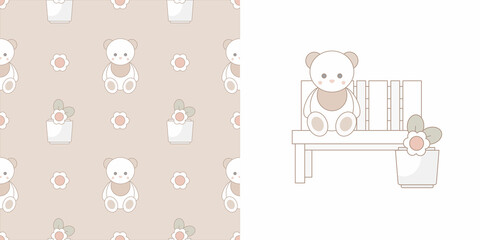 Gender neutral card and pattern for baby shower decor, nursery print, kids apparel, wrapping paper, fabric and textile