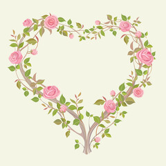 Lovely wreath of beautiful pink roses in the shape of a heart, decoration for a card or invitation