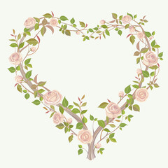 Beautiful wreath of beautiful beige roses in the shape of a heart, decoration for a card or invitation