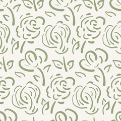 Wildflower seamless vector pattern background. Sage green meadow flowers textural backdrop. Hand drawn line art outline botanical design. Garden flower cottagecore aesthetic style all over print.