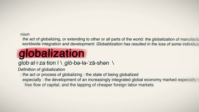 The Word Globalization Red Highlighted in a Dictionary Animation