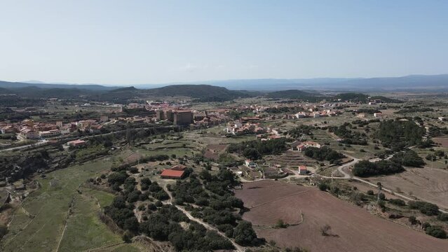 Aerial views from Mora de Rubielos, Teruel, Arag&oacute;n, Spain. The drone is arriving to town. 