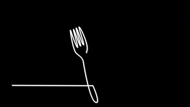 Fork, knife, spoon outline self drawing animation. Line art. Black background.