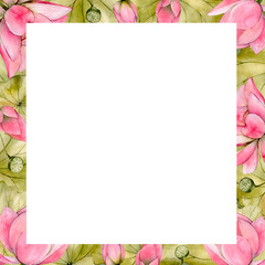 Pink Watercolor Hand Drawn Lotus Flower Frame. Watercolour Water Lily Floral Leaf and Bud Illustration isolated on white background 