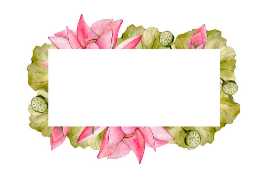 Pink Watercolor Hand Drawn Lotus Flower Frame. Watercolour Water Lily Floral Leaf and Bud Illustration isolated on white background 