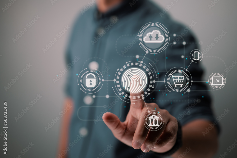 Poster Online transactions, a businessman's fingerprint scan provides a secure interface for payment shopping banking and cloud computing network connection on a virtual display.