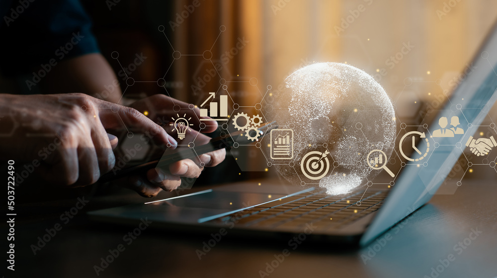 Aufkleber he uses a smartphone. technology for business worldwide internet connection applications, finance an