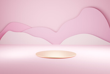 podium for displaying products, 3d rendering. golden pedestal on pink background with copy space