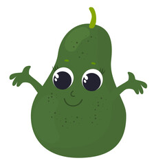 Avocado in cartoon style. A fruit with a face and handles is happy and smiling. Character design for baby food, packaging, for fruit puree or juice or baby gel and shampoo.