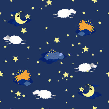 Seamless pattern white sheep and moon and sleeping sun and sleeping cloud in nightcaps in the night sky. Pattern for pajamas, bed for children, clothes in children's flat style.