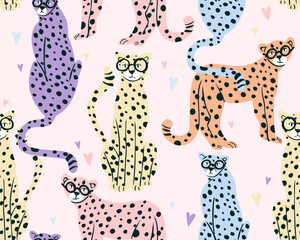 Hipster cheetah seamless pattern with hearts. Cute background for girls, baby or kids. - 503722810