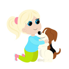 Little blonde girl hugging a beagle dog. The child is sitting on his lap, smiling and happy. The girl is dressed in trousers and a blouse. Friendship between man and dog.