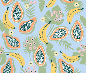 Seamless pattern with tropical fruits. Background with bananas, papaya and flowers.