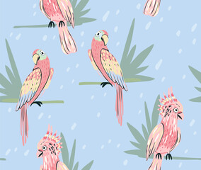 Parrot seamless pattern with and palm leaf. Cute background for girls, baby or kids. - 503722835