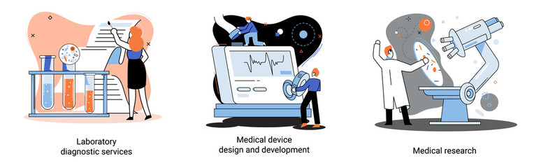 Medical research. Laboratory diagnostic services, medical device design development scenes metaphor. Scientists in hemistry clinic laboratories, microbiology pharmaceutical research. Vaccine discovery