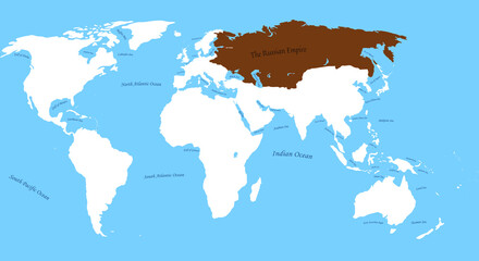 Map of Russian Empire 1905 Year the largest borders with all  world and sea,ocen names