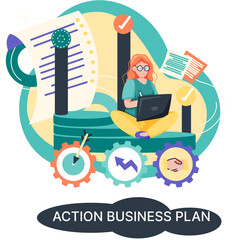 Action business plan, development strategies, foreseeing market risks. Company success secret, idea growing business achieve target metaphor, study production and sales market. Strategic biz planning