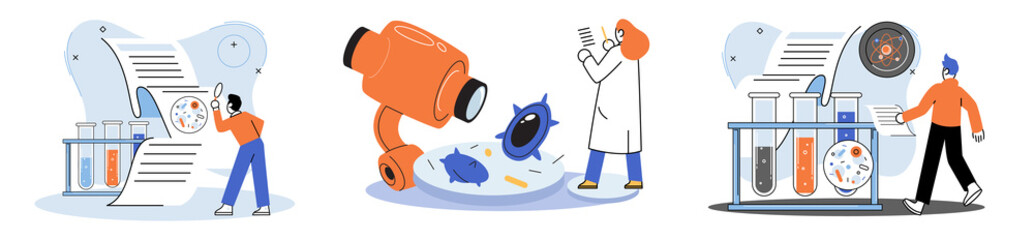 Medical research. Laboratory diagnostic services, medical device design development scenes metaphor. Scientists in hemistry clinic laboratories, microbiology pharmaceutical research. Vaccine discovery