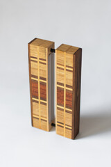minimalistic handmade retro lamps made of wood on a white background isolated