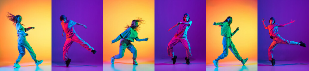 Fototapeta na wymiar Bright collage with men dancing breakdance and hip-hop dancers isolated on multicolor background in neon. Youth culture, hip-hop, style and fashion, action.