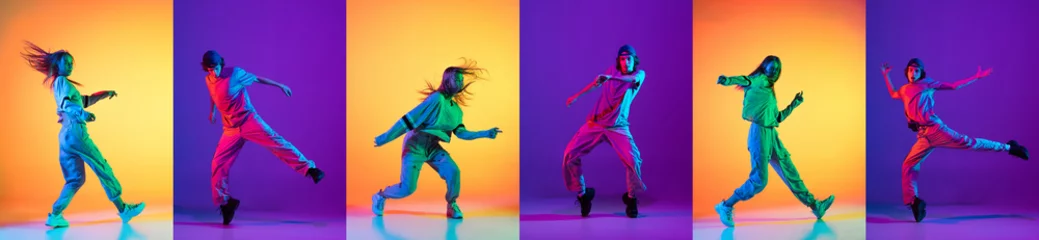 Gordijnen Bright collage with men dancing breakdance and hip-hop dancers isolated on multicolor background in neon. Youth culture, hip-hop, style and fashion, action. © master1305