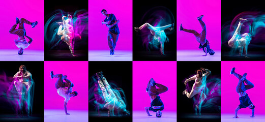 Young men, hip-hop and breakdance dancers dancing on dark background with mixed neon light. Youth culture, style and fashion, action. Collage.