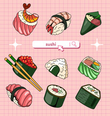 Hand-drawn vector illustration of a set of chopstick sushi rolls in retro style on a pale pink checkered background. 90s style search box. Use as decoration for Asian food menu, design for advertising - obrazy, fototapety, plakaty