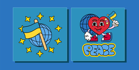 Flag of Ukraine on the background of the stars and the planet. Sketches of a character with a flag in his hands.