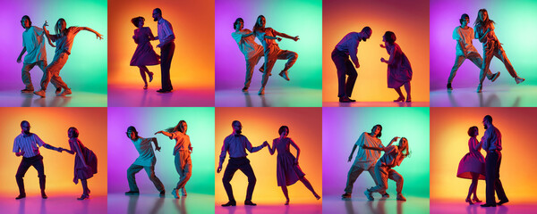 Young men and women dancing hip-hop and lindy hop in bright clothes on colorful background at dance...