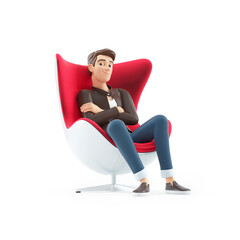 3d cartoon man sitting comfortably with arms crossed