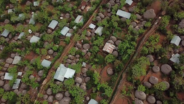Traditional Konso town in Ethiopia, buildings and roads. Amazing birds eye view over UNESCO Cultural Landscape in Africa