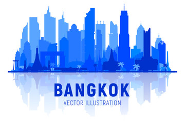 Naklejka premium Bangkok ( Thailand ) skyline silhoutte with panorama in white background. Vector Illustration. Business travel and tourism concept with modern buildings.