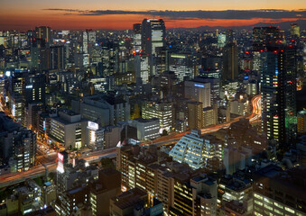 Fototapeta na wymiar The birds eye view of nights lights of central Tokyo. Japan