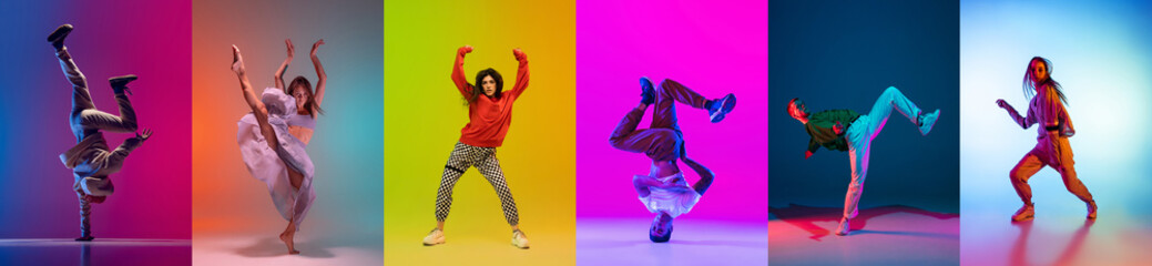 Bright collage with men dancing breakdance and hip-hop dancers isolated on multicolor background in neon. Youth culture, hip-hop, style and fashion, action.