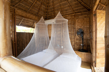 Mosquito nets hanging over the beds and a fan in a wooden bungalow