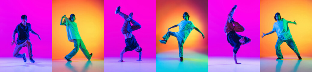 Bright collage with men dancing breakdance and hip-hop dancers isolated on multicolor background in neon. Youth culture, hip-hop, style and fashion, action.