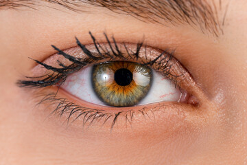 Obraz premium Close up, macro photo of o female color eye, iris, pupil, eye lashes, eye lids.