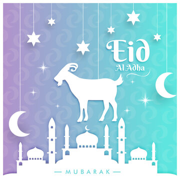 Eid al adha mubarak, happy eid ul adha poster vector design paper style