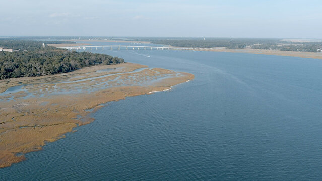Aerial view of Beaufort and Port Royal, South Carolina and coastline.