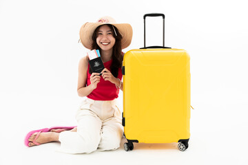 Asian couples in Thailand are preparing to travel. Both were very excited, glad to go on vacation. isolate on white background